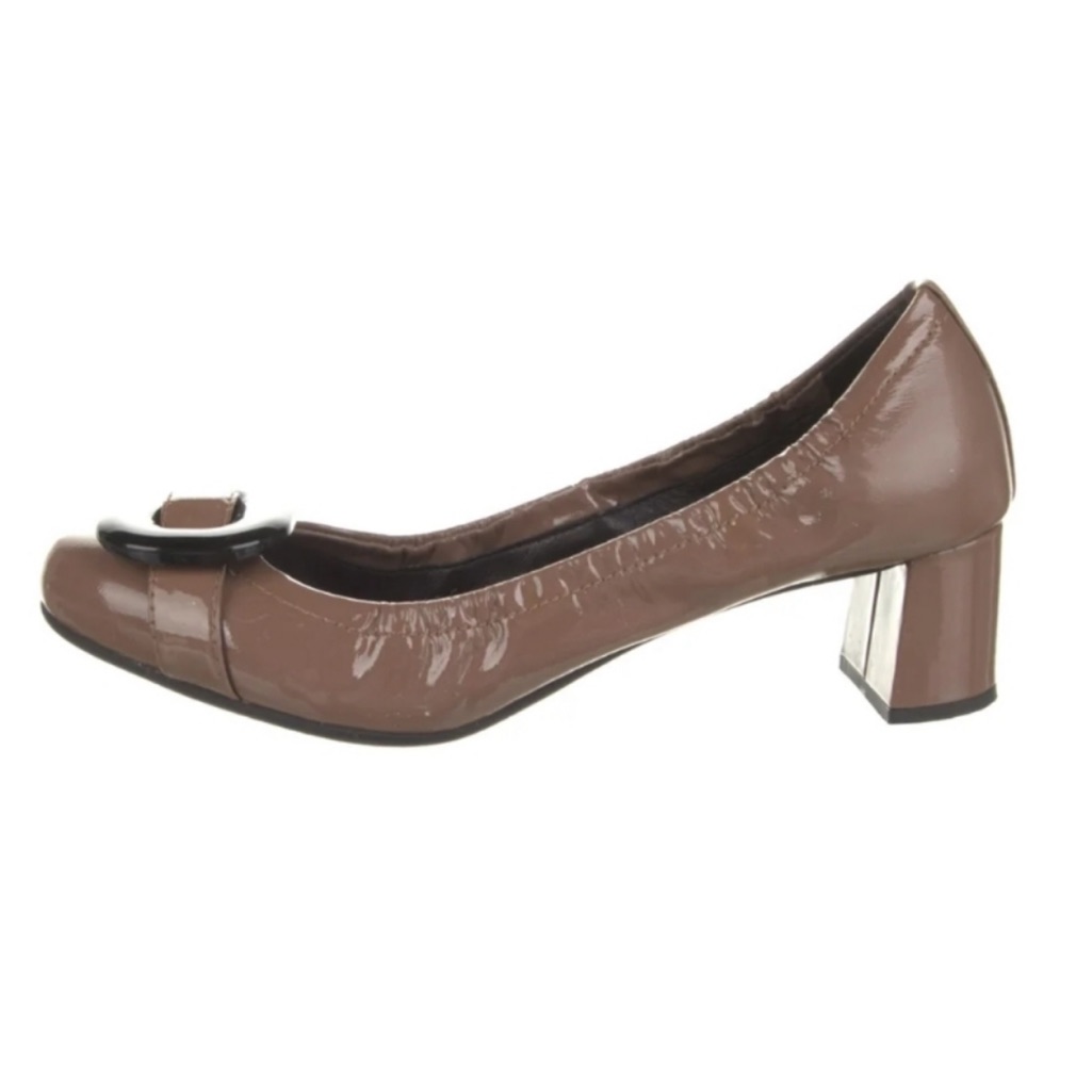 Prada Logo Dark Tan Patent Leather Block Heel Pumps Size 38